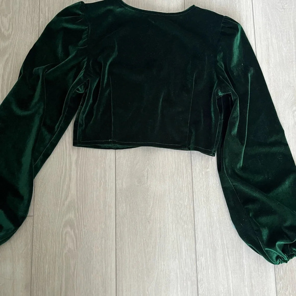 [XS]Green Velvet Cropped Retro LS Blouse - Picture 4 of 4